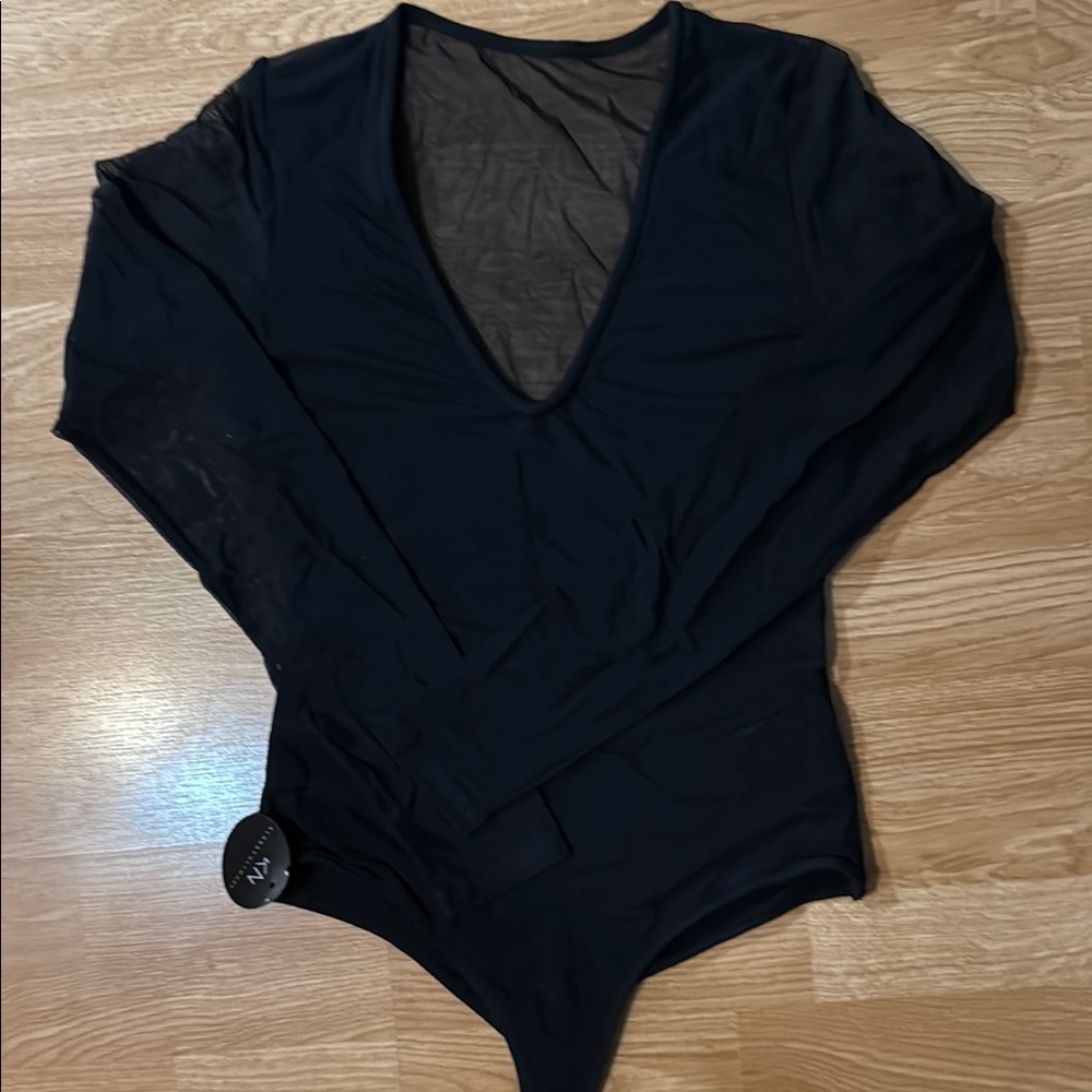 Klassy Network Mesh Deep V Bodysuit in Black